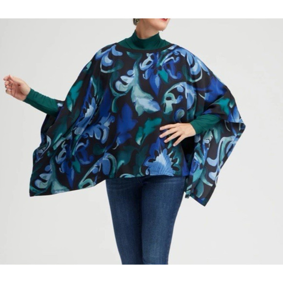 Chicos Scroll Print Woven Poncho Top S/M Blue Green Black Lightweight - Picture 2 of 11